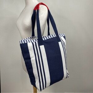 2 Chic Navy White Striped 100% Cotton Large Nautical Casual Tote Bag Coastal
